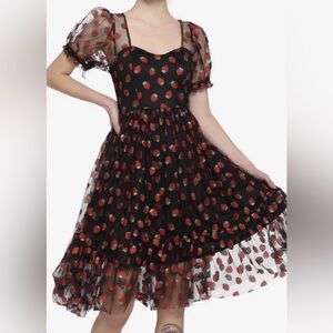 Hot Topic M Strawberry Glitter Mesh Dress Black Red
